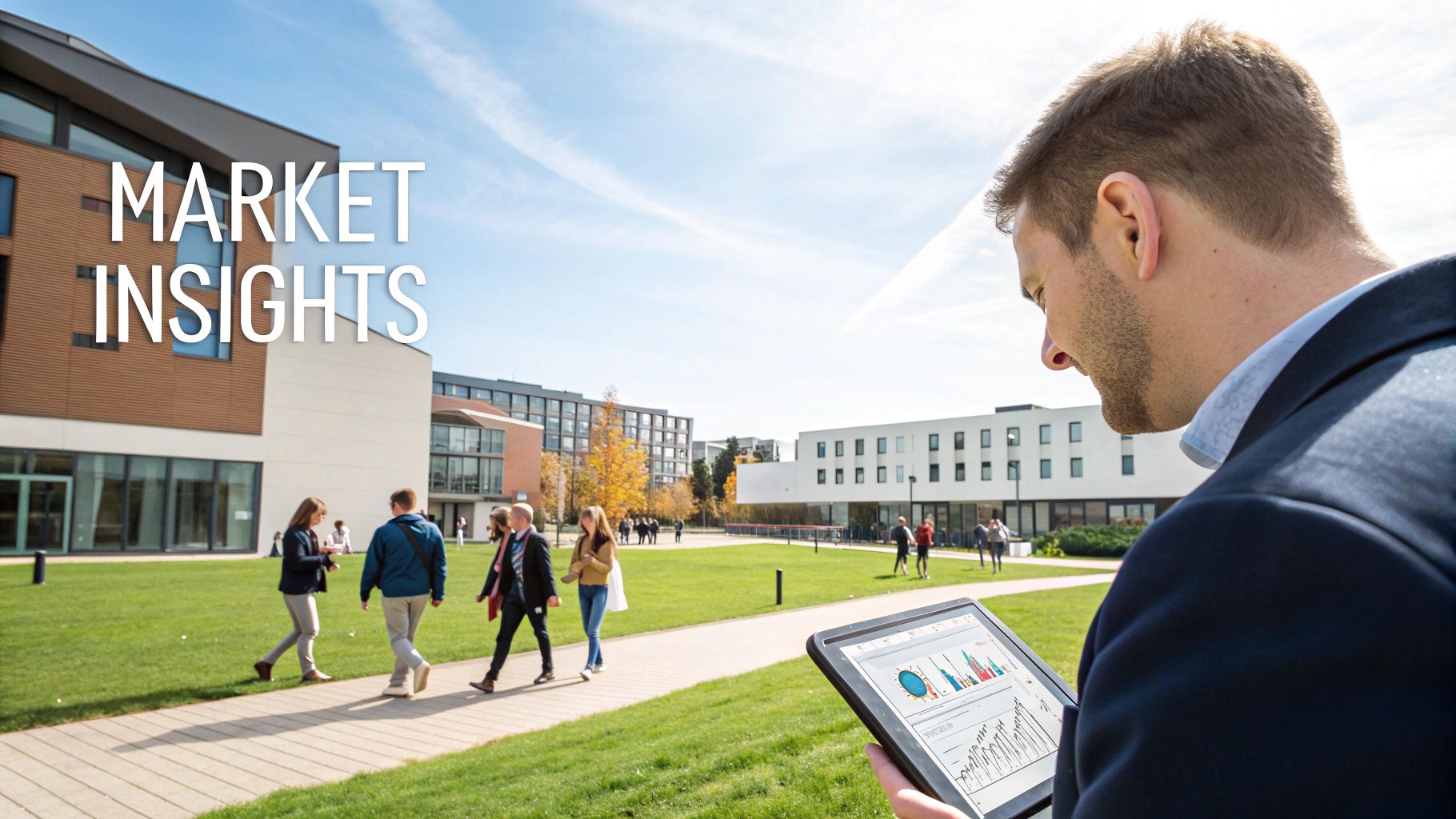 A business professional views market insights on a tablet in a modern campus setting.