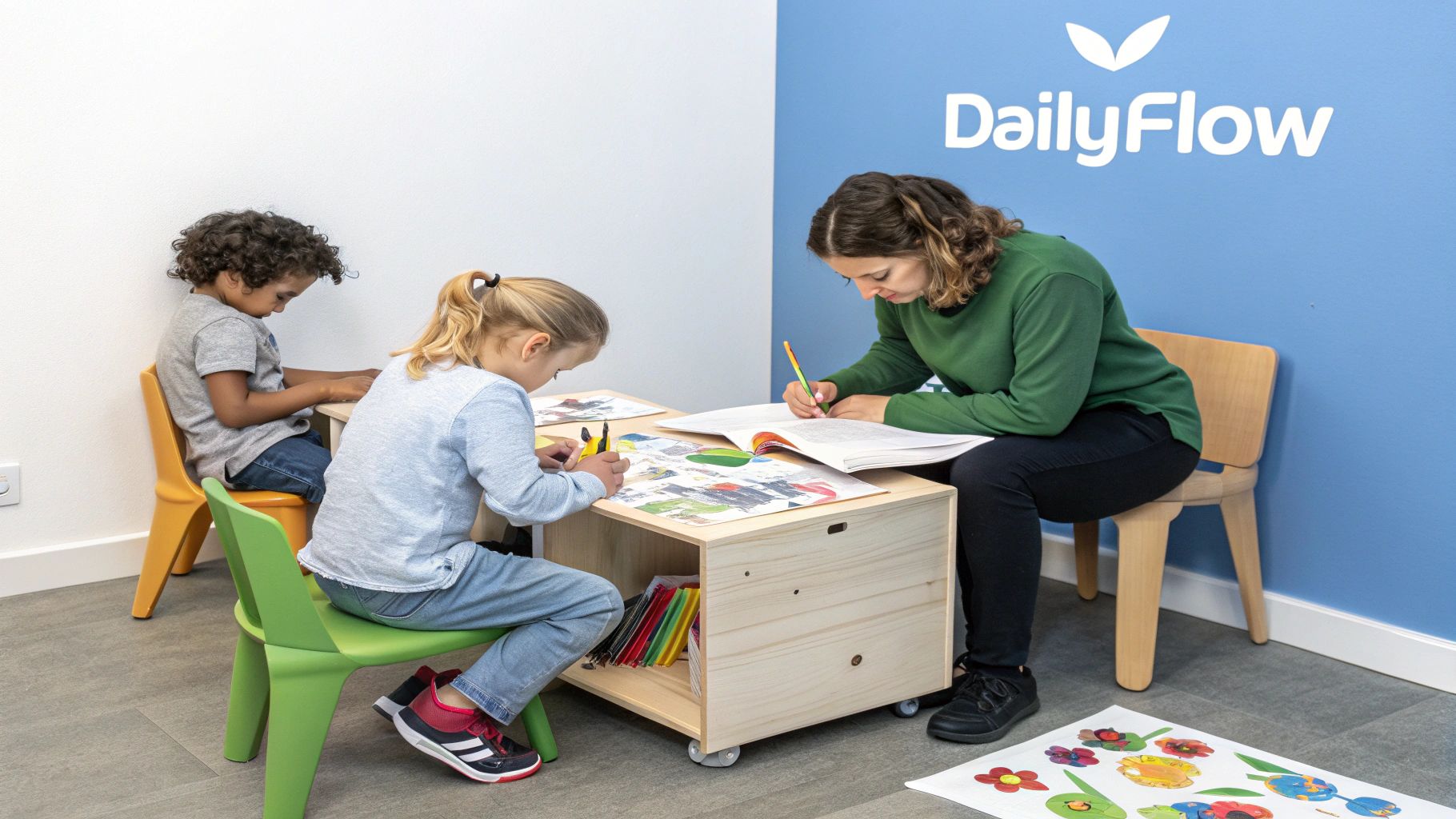 A group of children and an instructor working together on a project in an after-school program.
