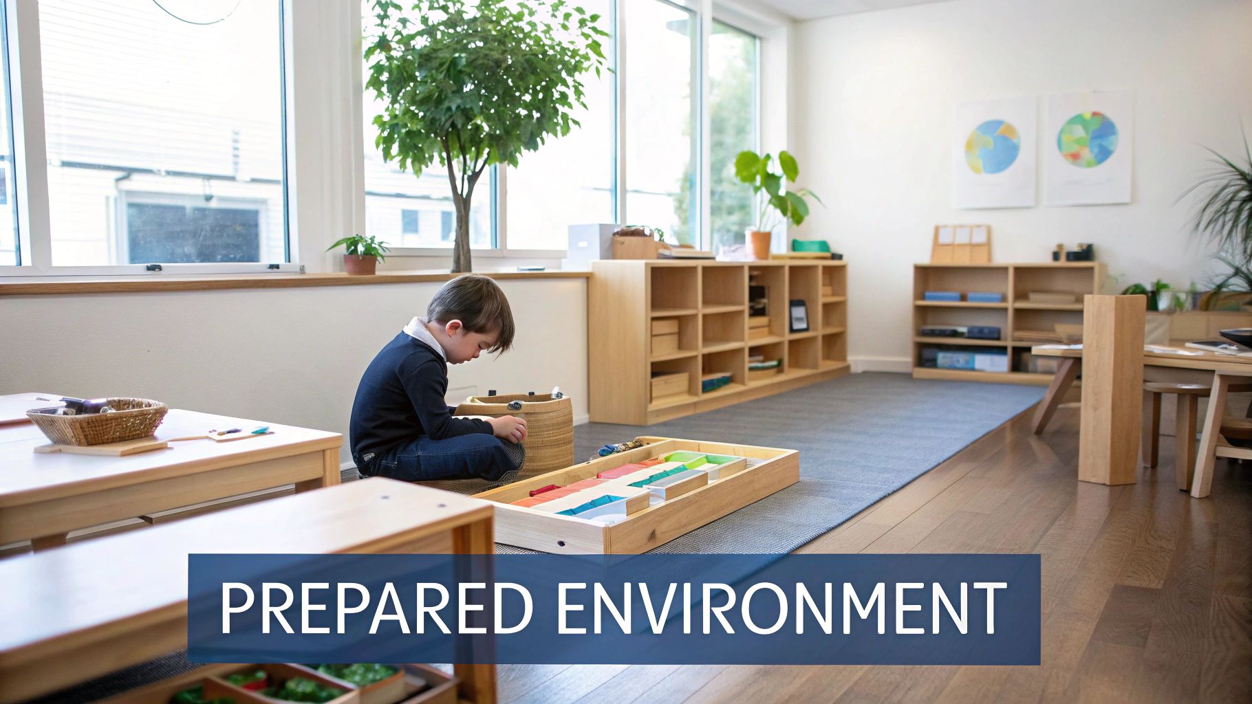 A young boy works with learning materials in a bright, organized Montessori classroom.