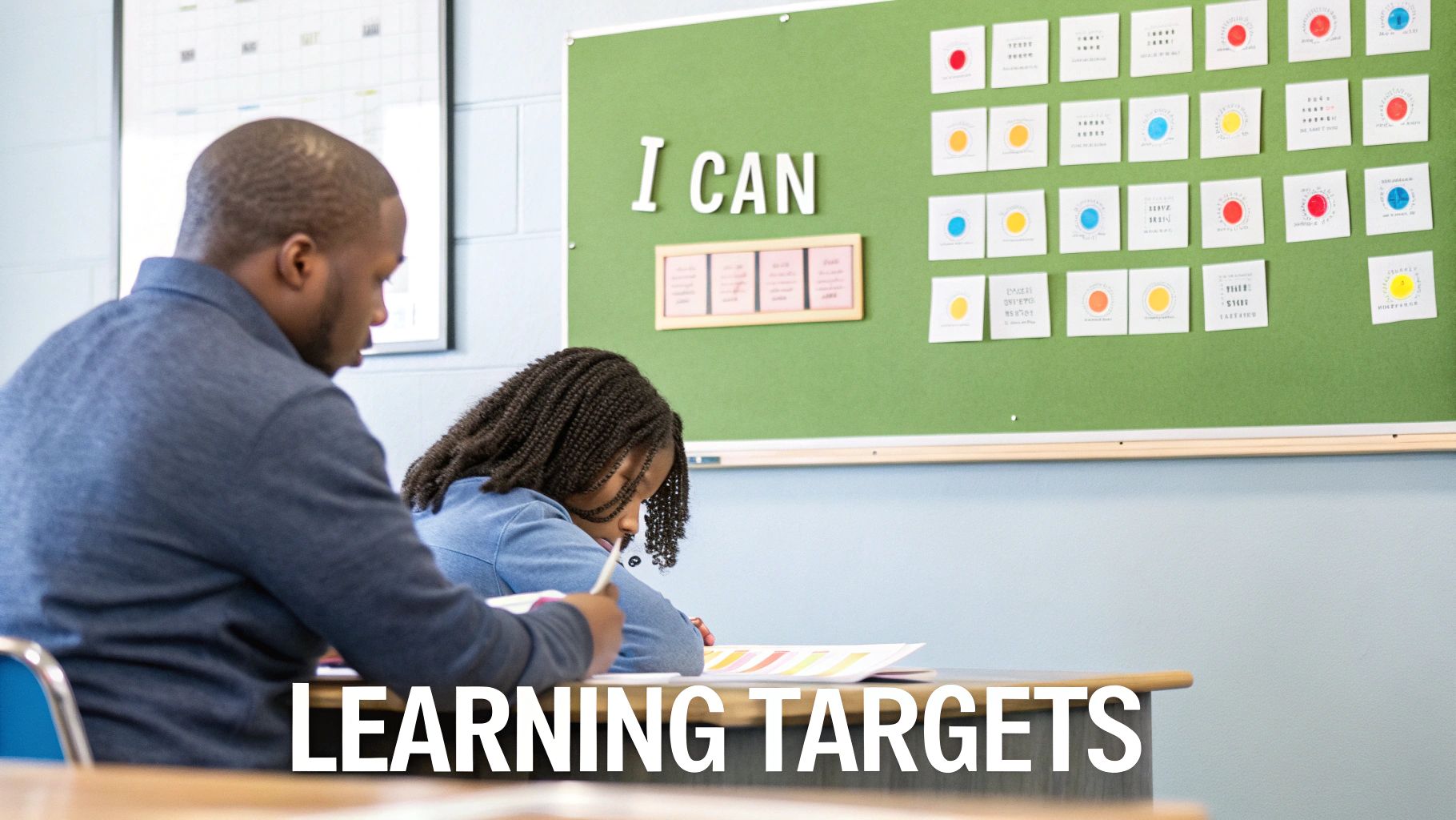 Teacher and student focused on learning tasks in a classroom with a 'I CAN' board.