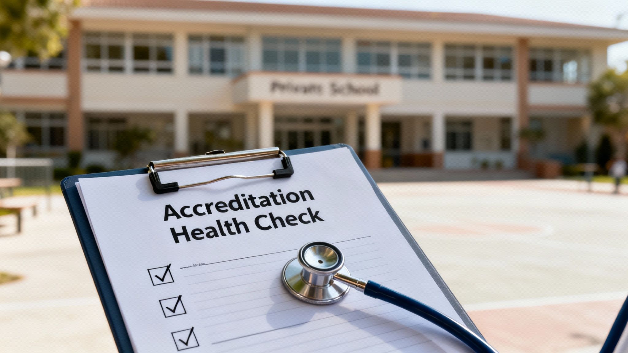 A clipboard with 'Accreditation Health Check' and a stethoscope in front of a private school building.