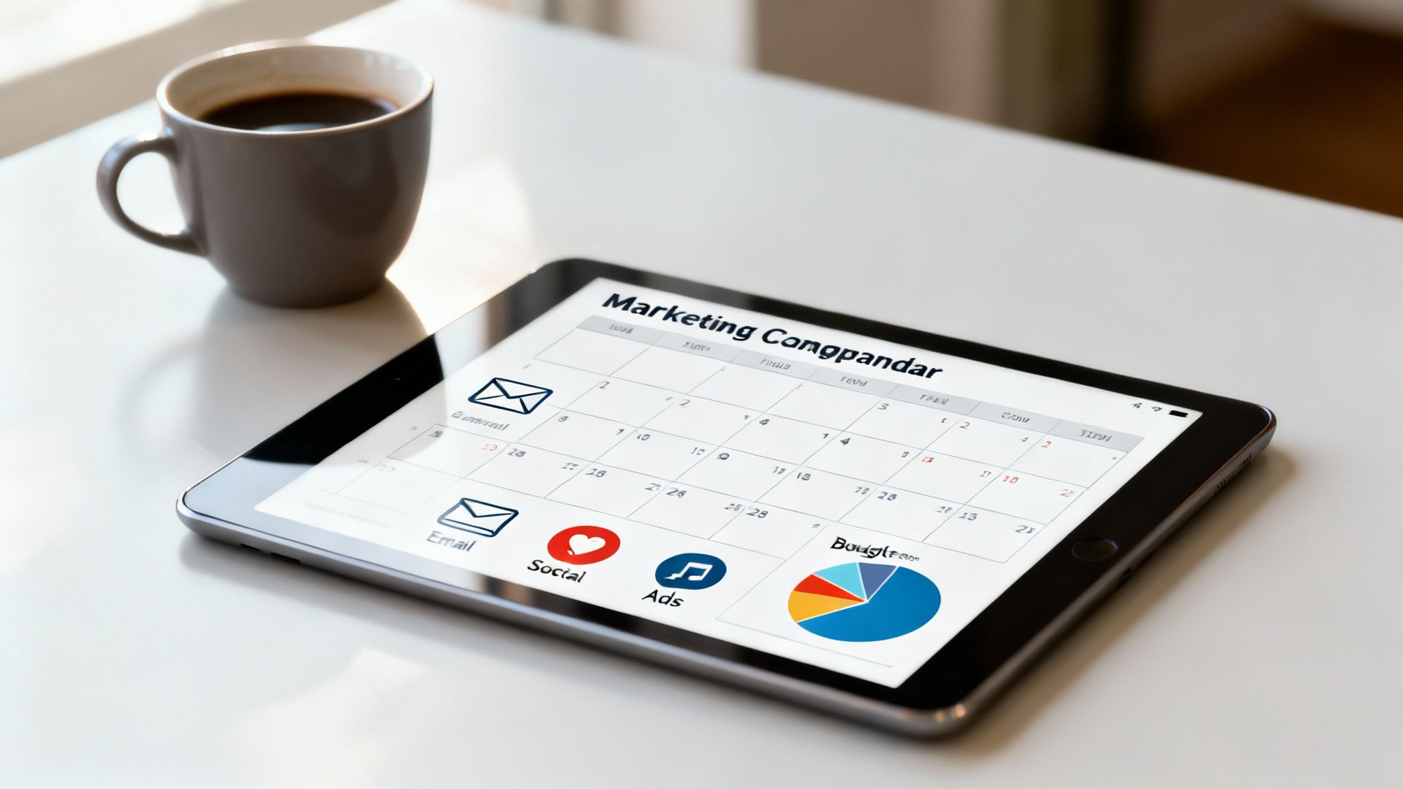 Tablet showing a marketing calendar app with email, social, ads icons, a pie chart, and a coffee mug.