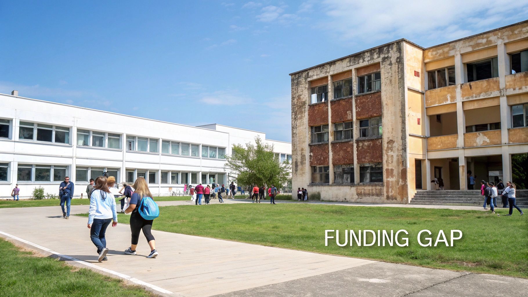 Students walk between a modern white school and an old, run-down building, illustrating a funding gap.
