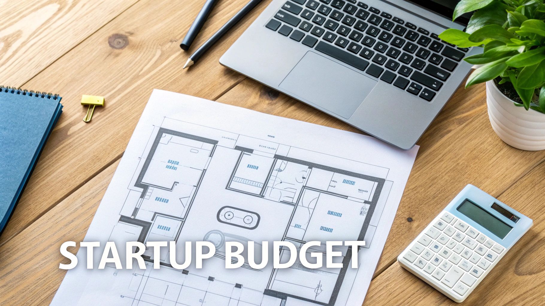 Overhead shot of a wooden desk with a laptop, architectural blueprint, calculator, and notebook, featuring 'STARTUP BUDGET' text.
