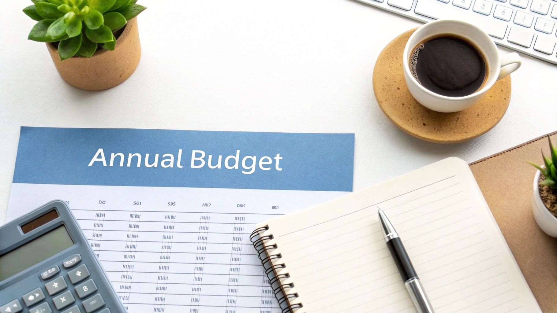 Overhead view of a desk with an annual budget document, calculator, coffee, and plant.