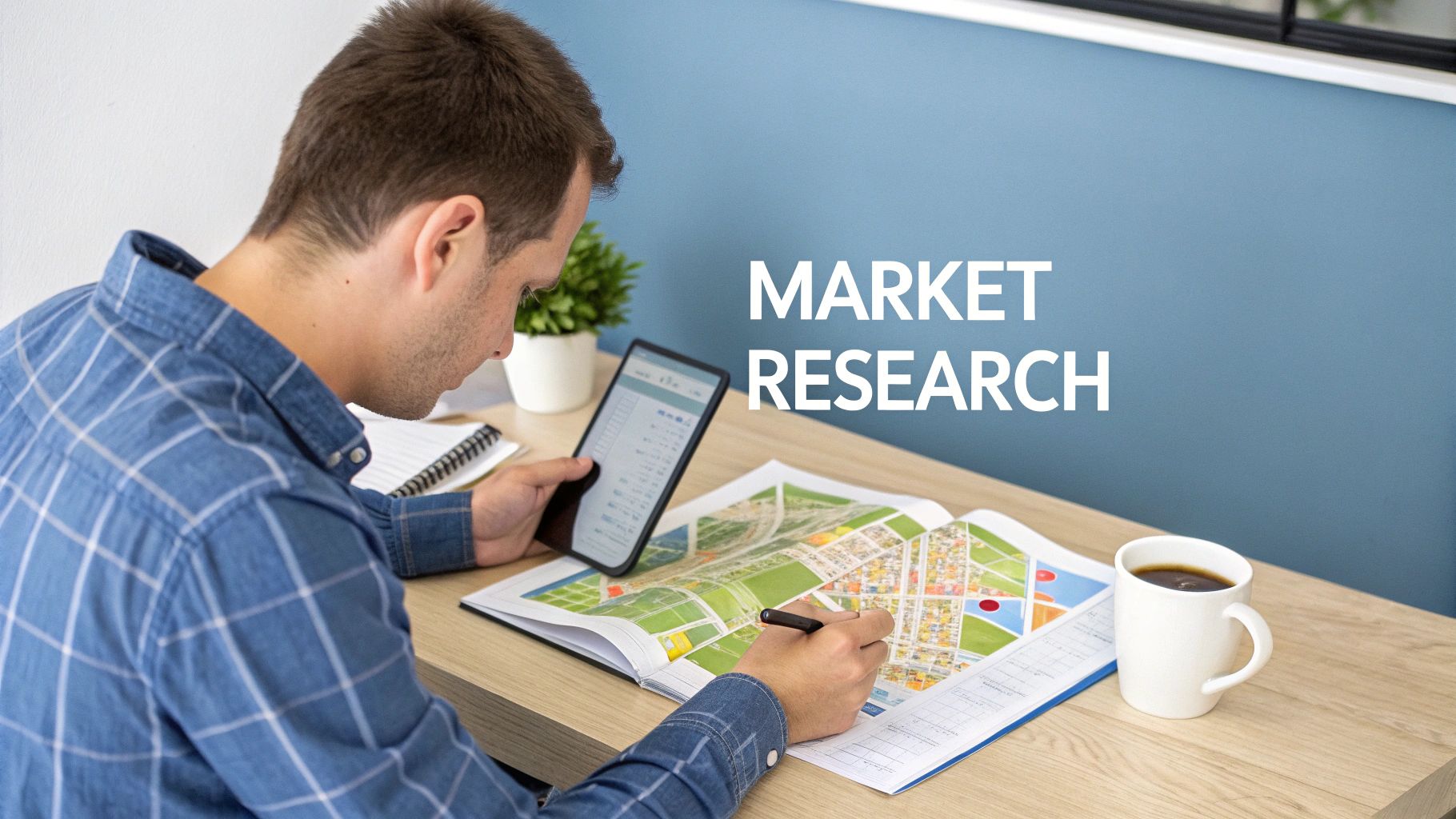 A man conducts market research, analyzing a map and data on a tablet at his desk.