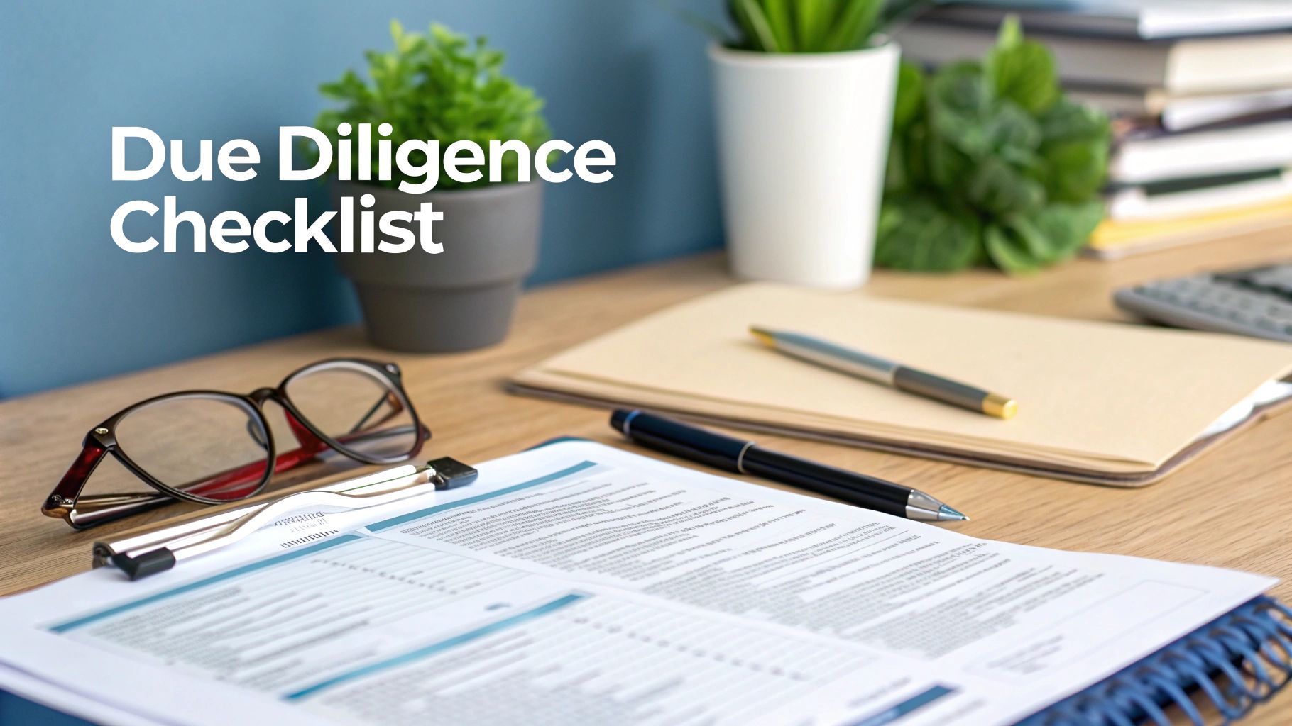 A close-up of a desk showing a 'Due Diligence Checklist' document, pens, and glasses.