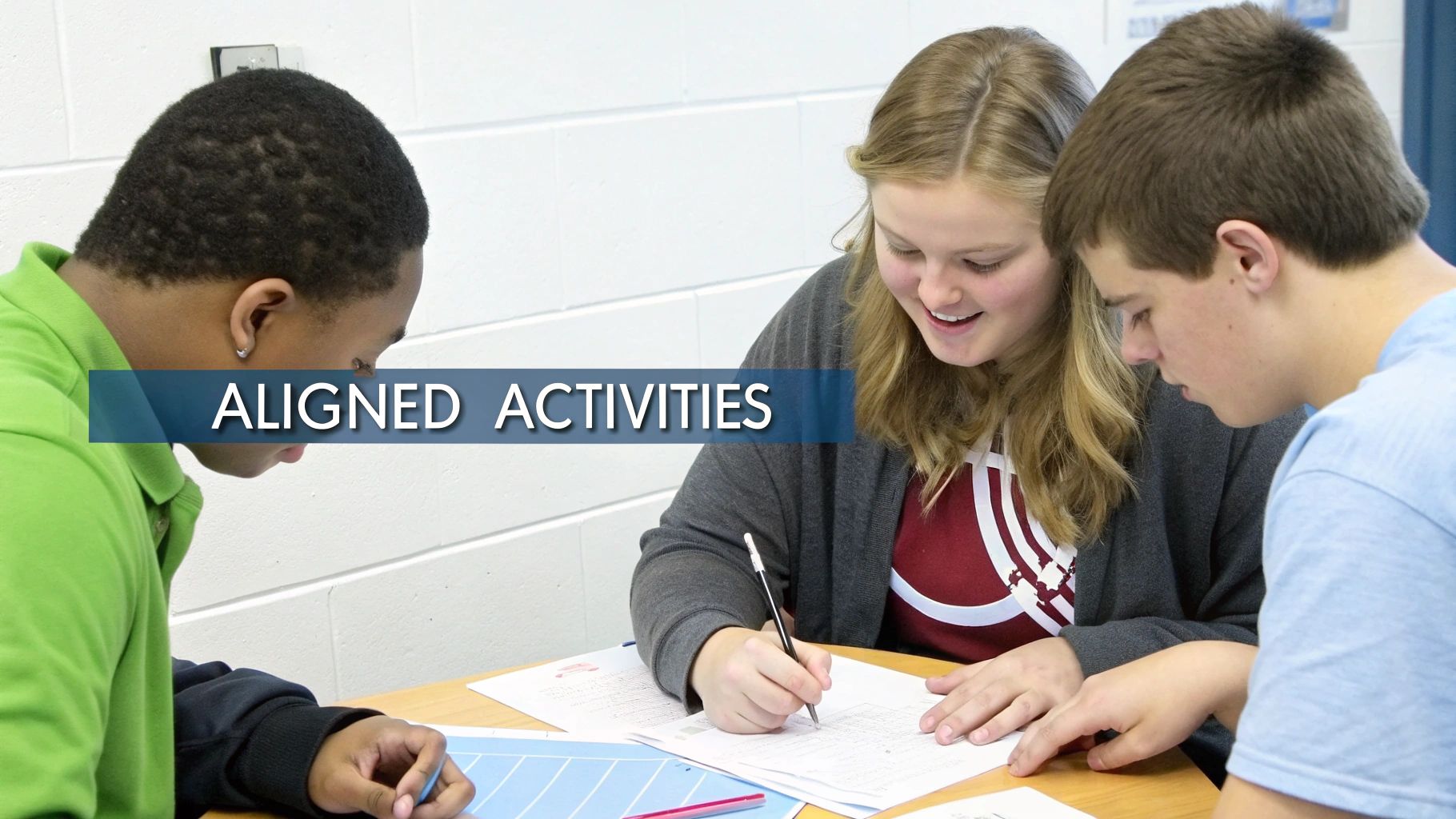 Three diverse students, two males and one female, happily collaborating on schoolwork at a desk.