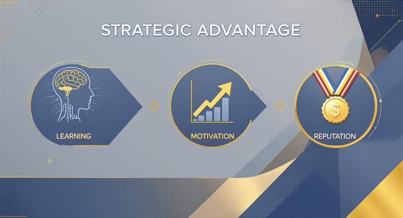 Infographic showing how learning leads to motivation, resulting in reputation for strategic advantage.