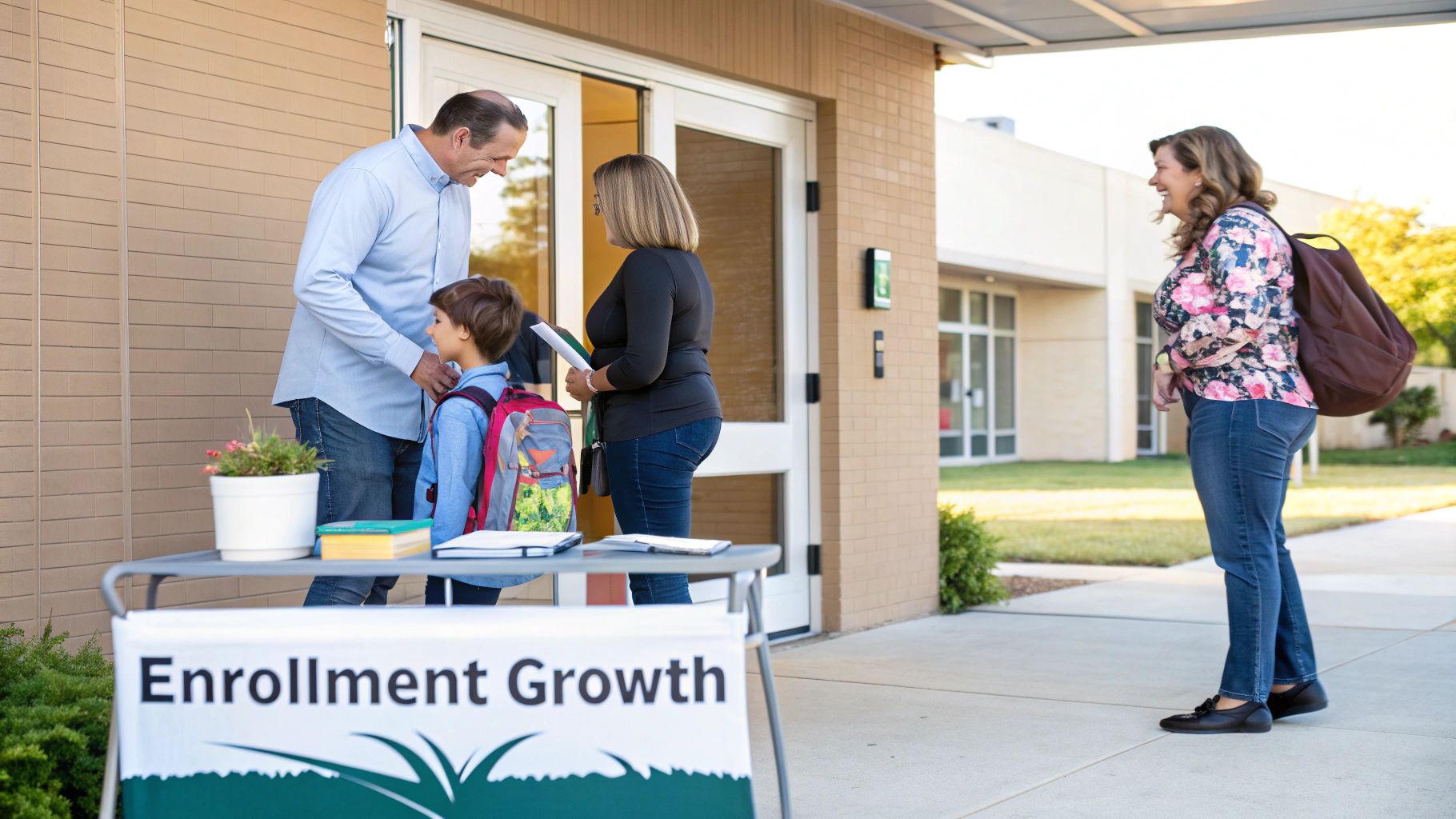A family with a child wearing a backpack at a school enrollment event with an 'Enrollment Growth' sign.
