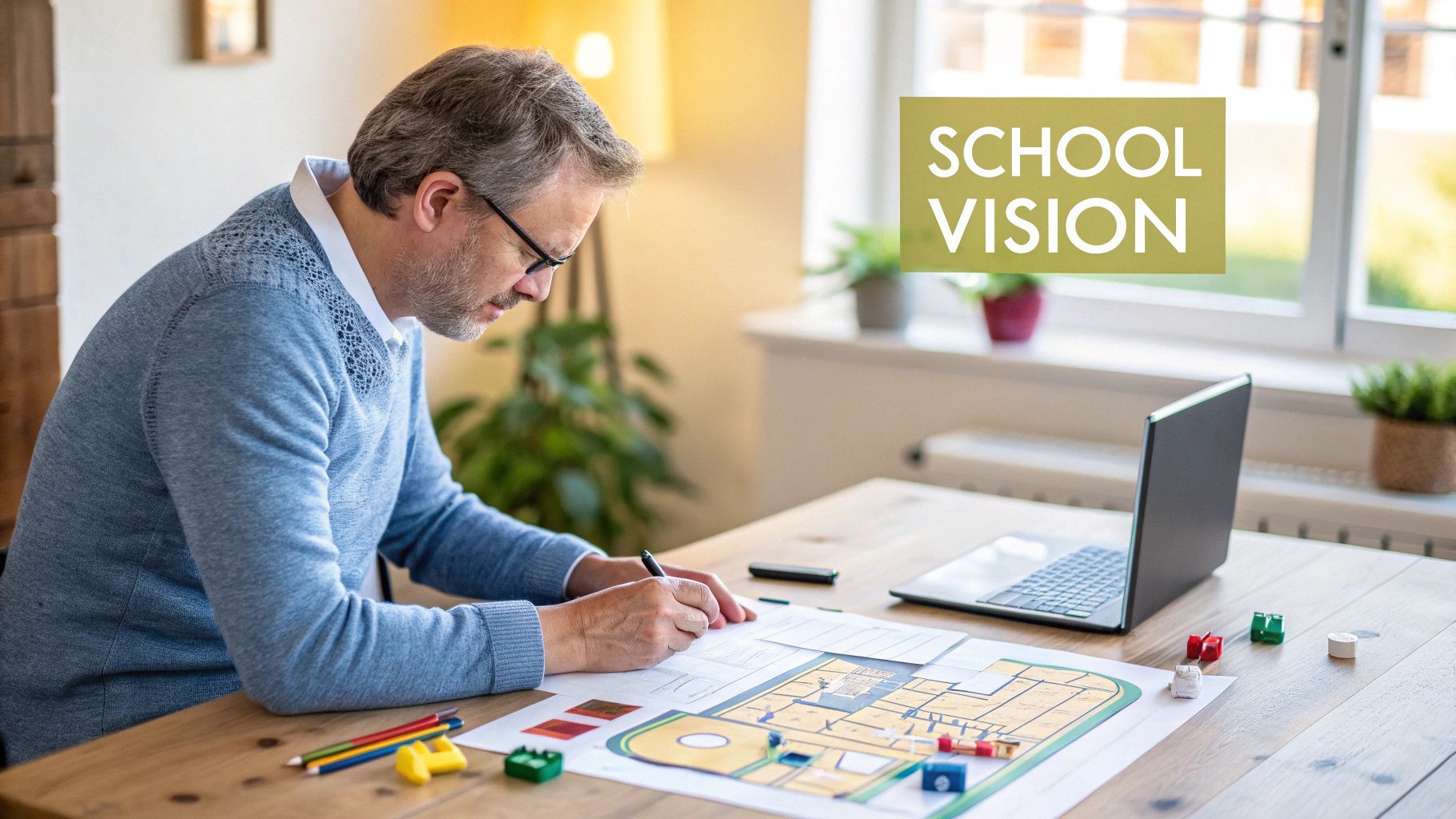 A man in glasses works on a school vision plan, drawing on a blueprint with building blocks.