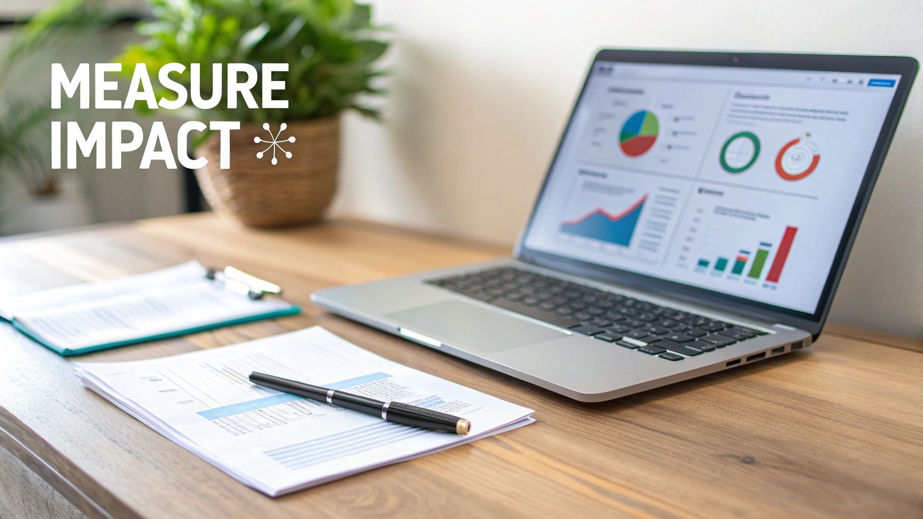 Desk setup with a laptop showing data dashboards, documents, a pen, and 'MEASURE IMPACT' text.
