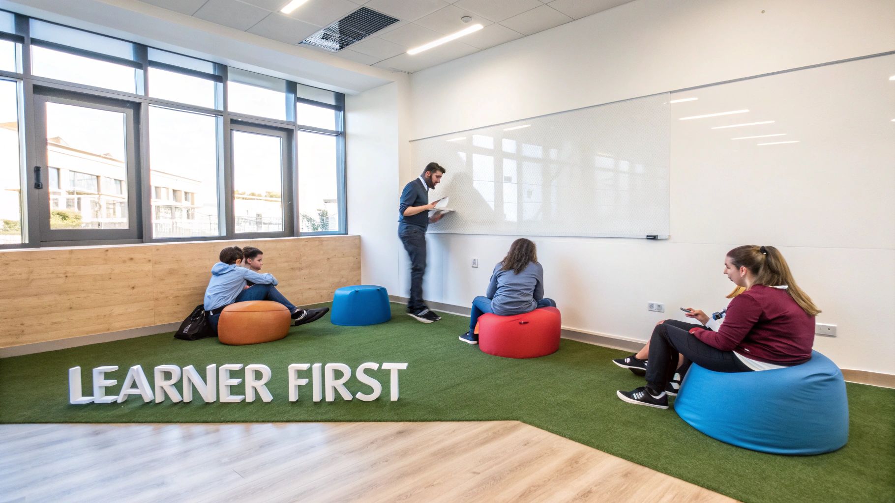 Students and a teacher in a modern, flexible classroom with a 'LEARNER FIRST' motto.
