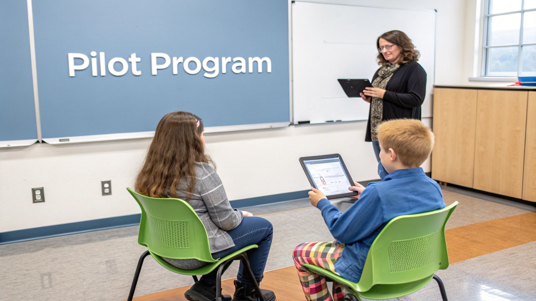 Teacher and two students learning with tablets in a modern classroom pilot program.