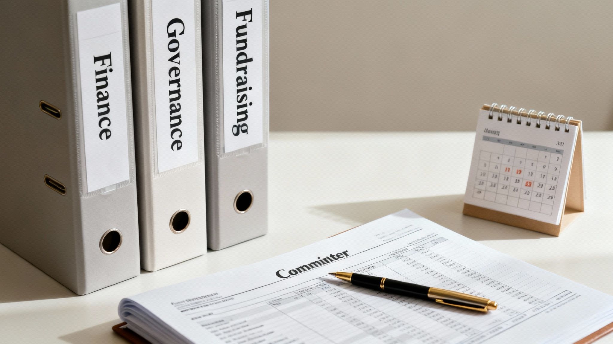 Three binders labeled Finance, Governance, and Fundraising on a desk with a document, pen, and calendar.