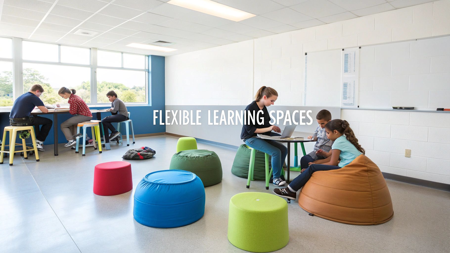 Students learning in a modern classroom with flexible seating, including high tables, stools, and bean bags.
