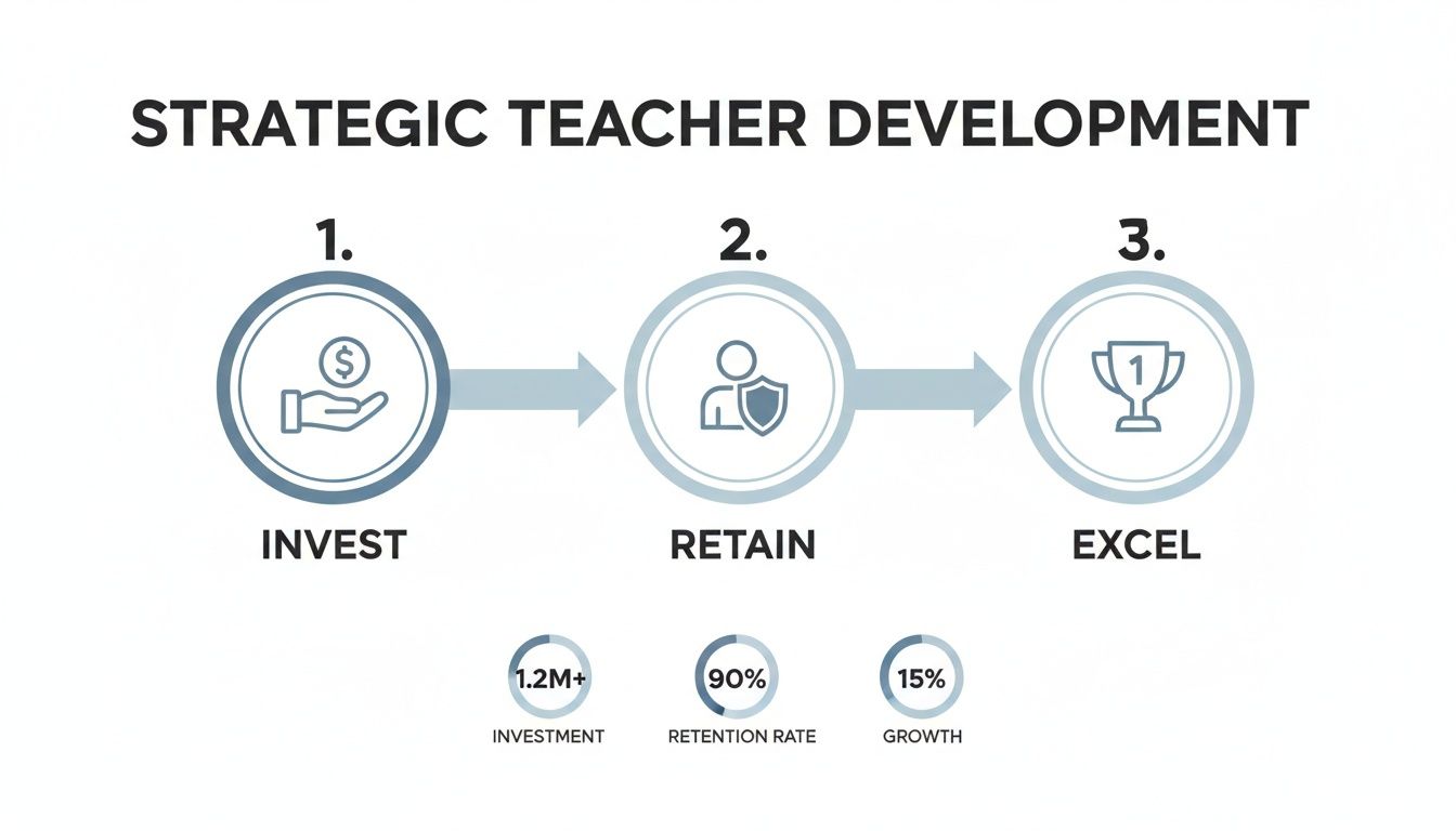 Strategic teacher development process flow with steps: Invest, Retain, Excel, and associated metrics.