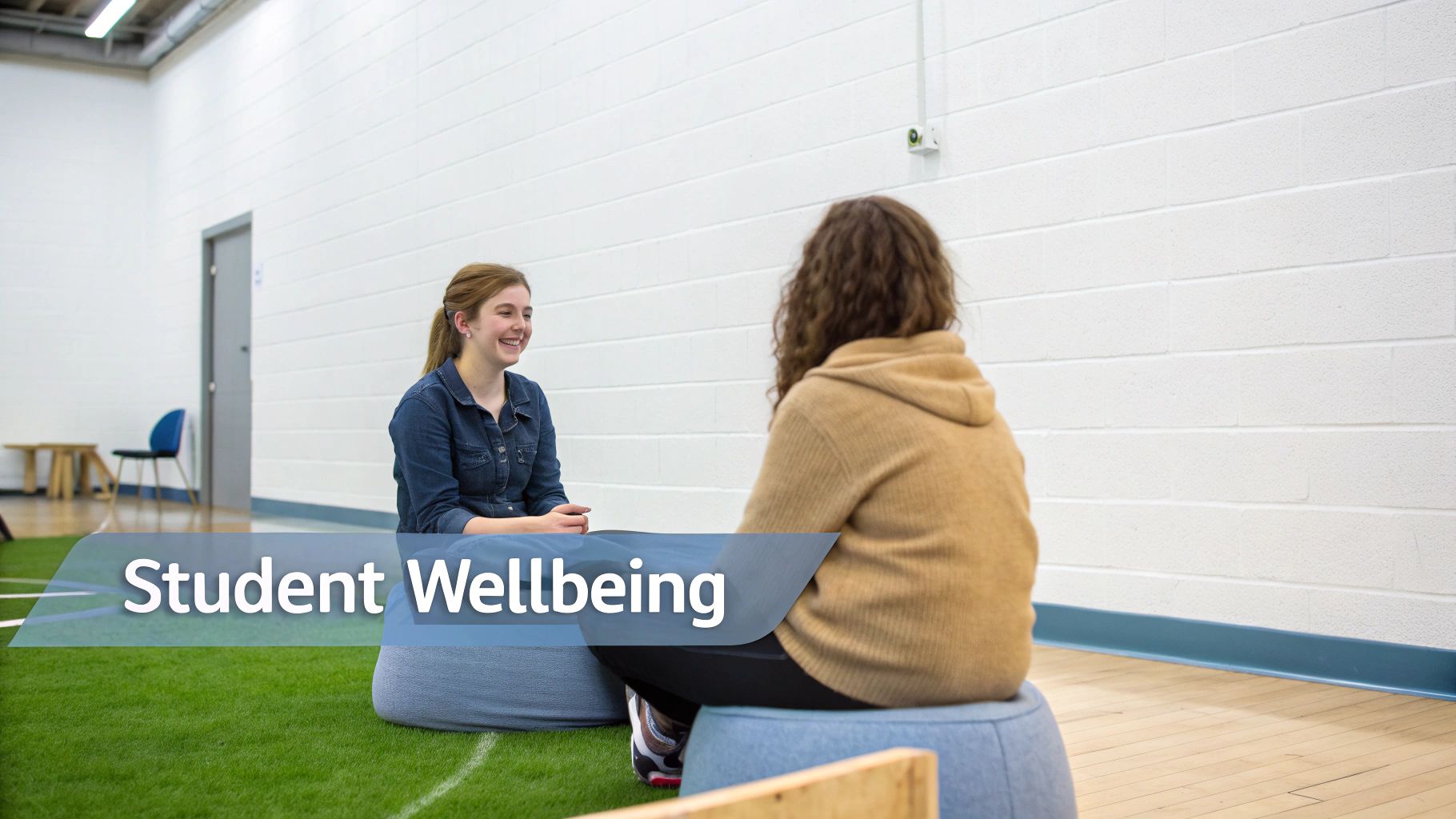 Two young women students sitting on beanbags, talking and smiling in a bright room, symbolizing student wellbeing.