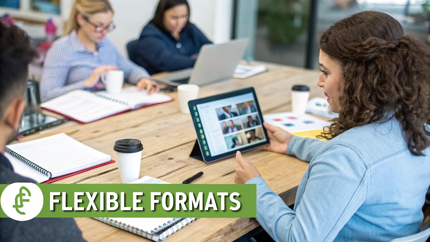A group of diverse professionals in a meeting, one showing a video conference on a tablet, symbolizing flexible learning formats.