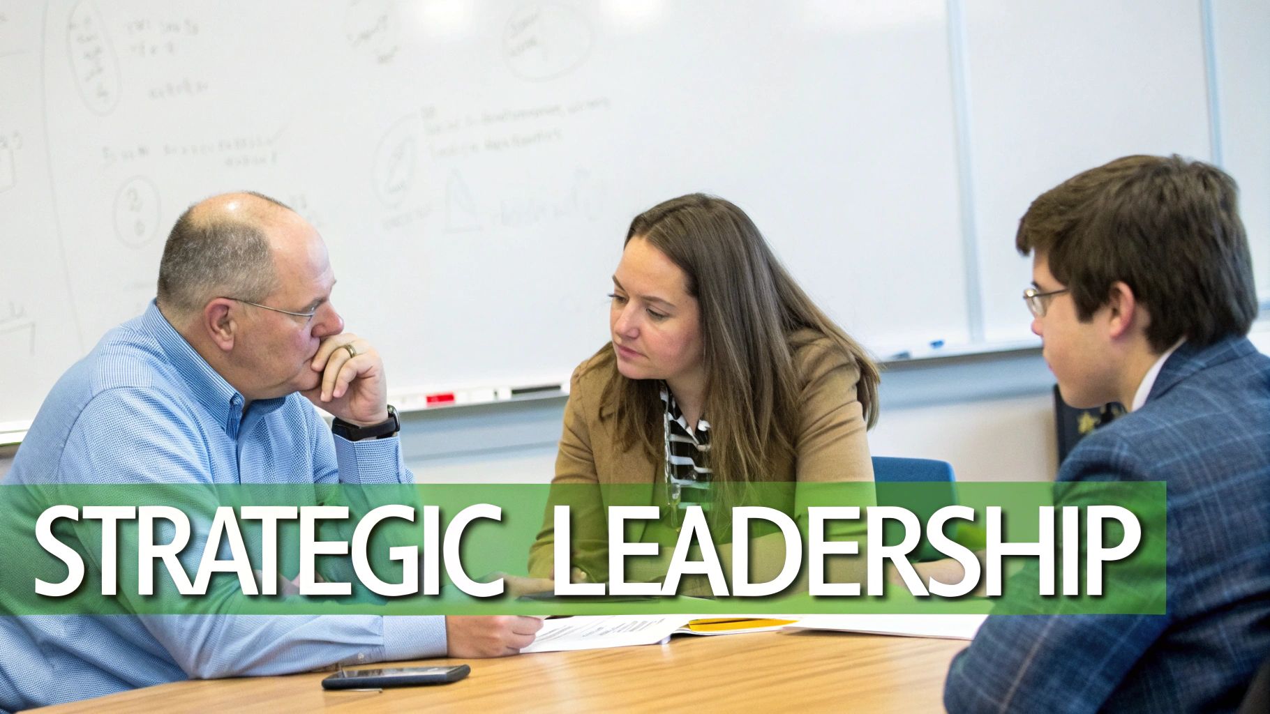 Three individuals, including a man, woman, and young man, engaged in a strategic leadership discussion.