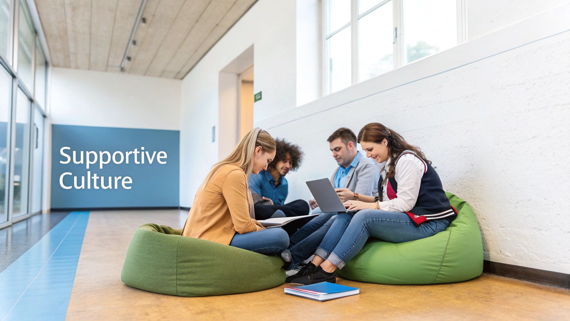 Four young adults on green bean bags studying and collaborating, promoting a supportive culture.