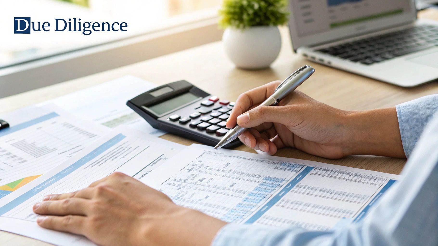 A person reviews financial documents with a calculator and laptop, performing due diligence.