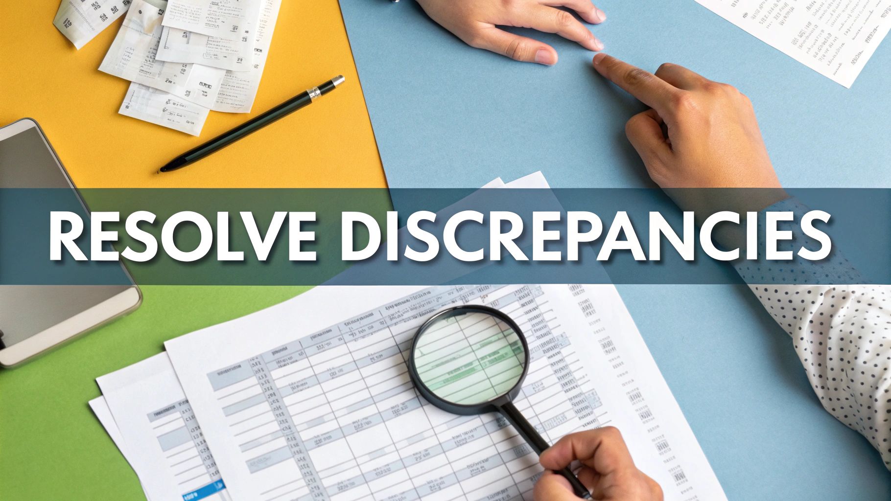 Hands examining financial documents, receipts, and spreadsheets with a magnifying glass to resolve discrepancies.