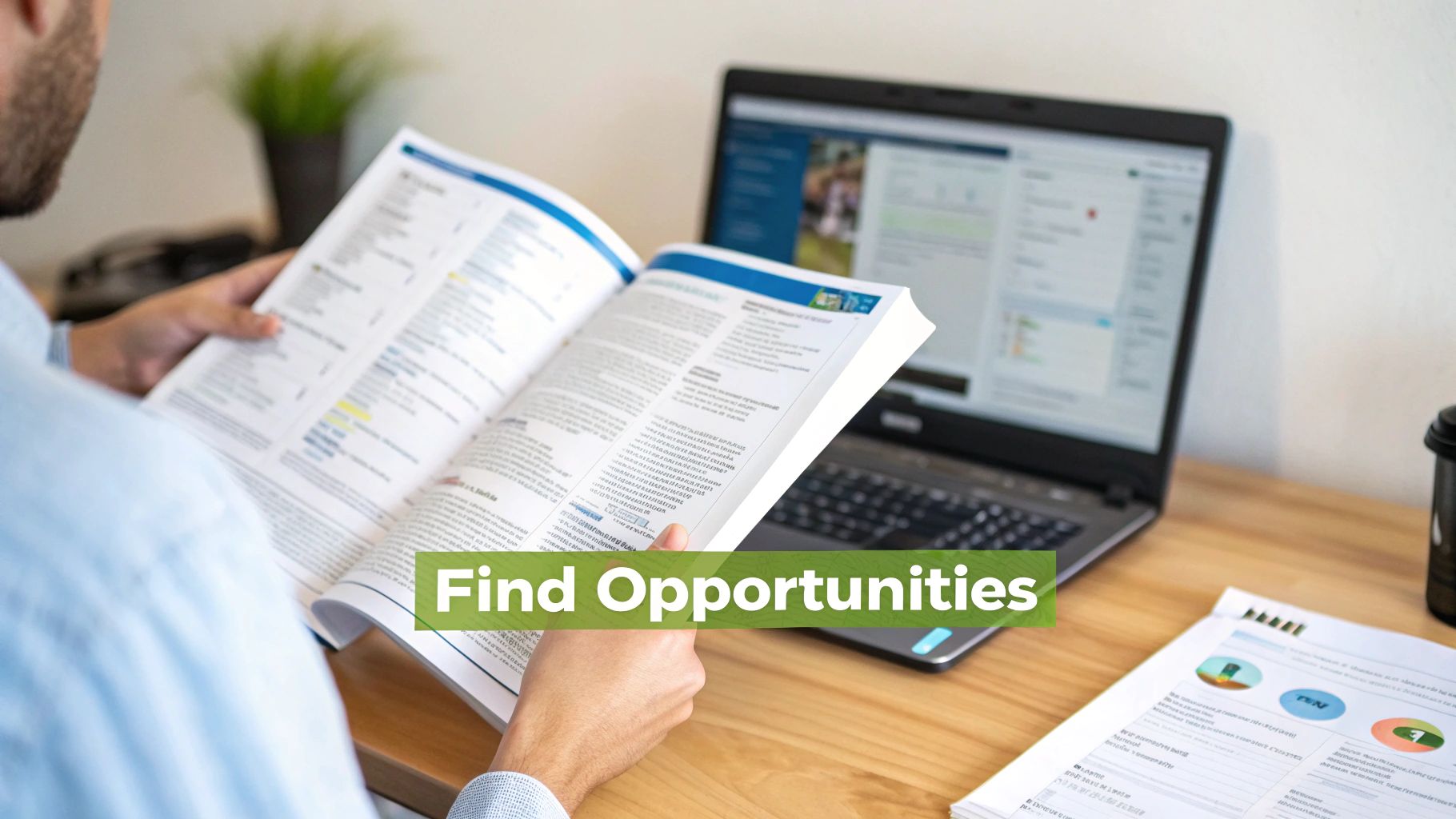 A person researches opportunities, reading a book at a desk with a laptop and documents.
