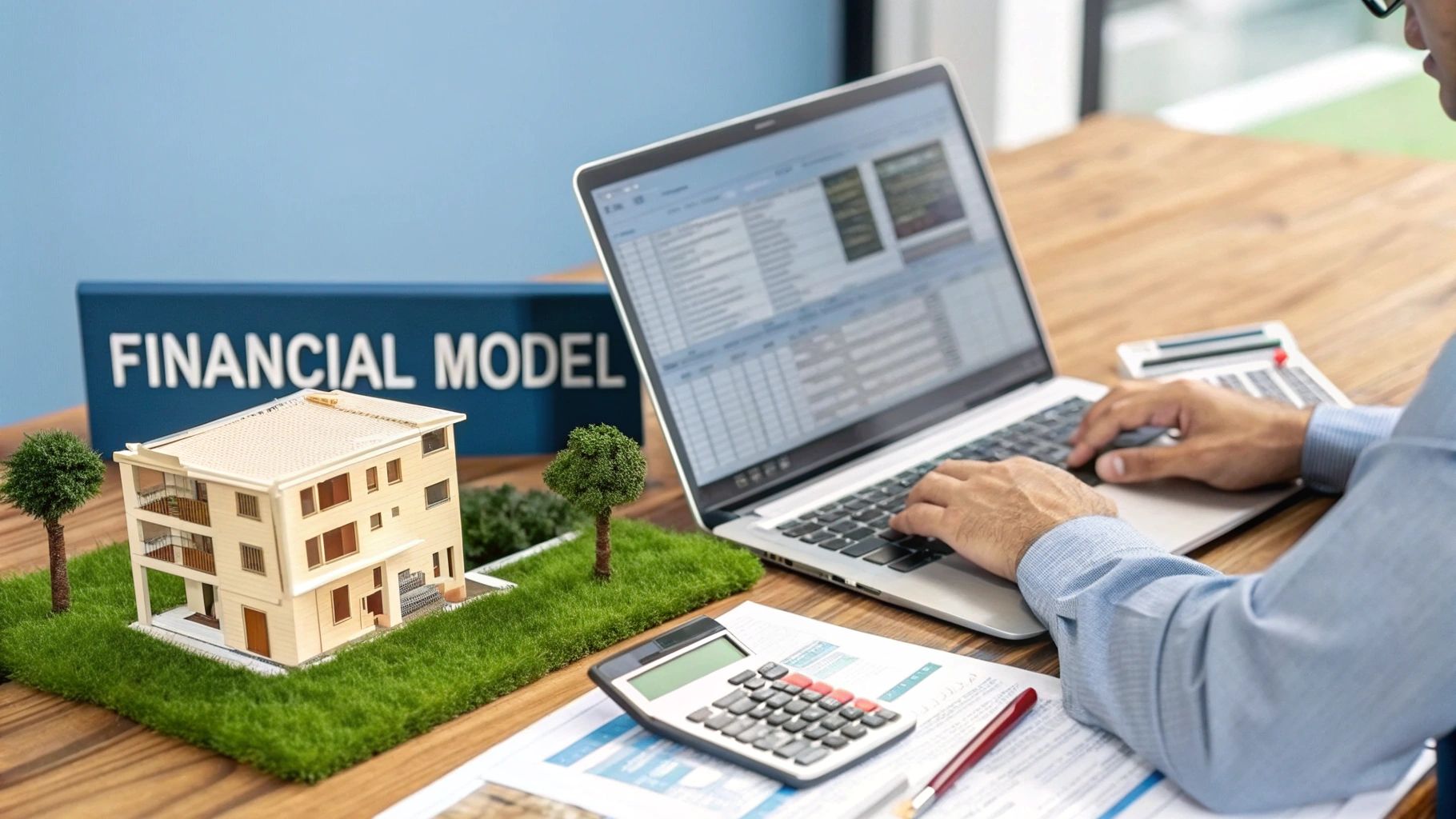 A person analyzes financial data on a laptop, with a miniature house model and 'FINANCIAL MODEL' sign.