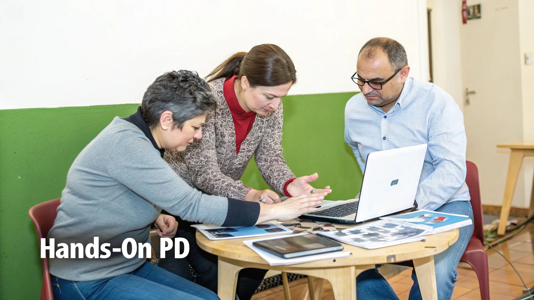 Three educators collaborating around a laptop and papers, engaging in hands-on professional development.