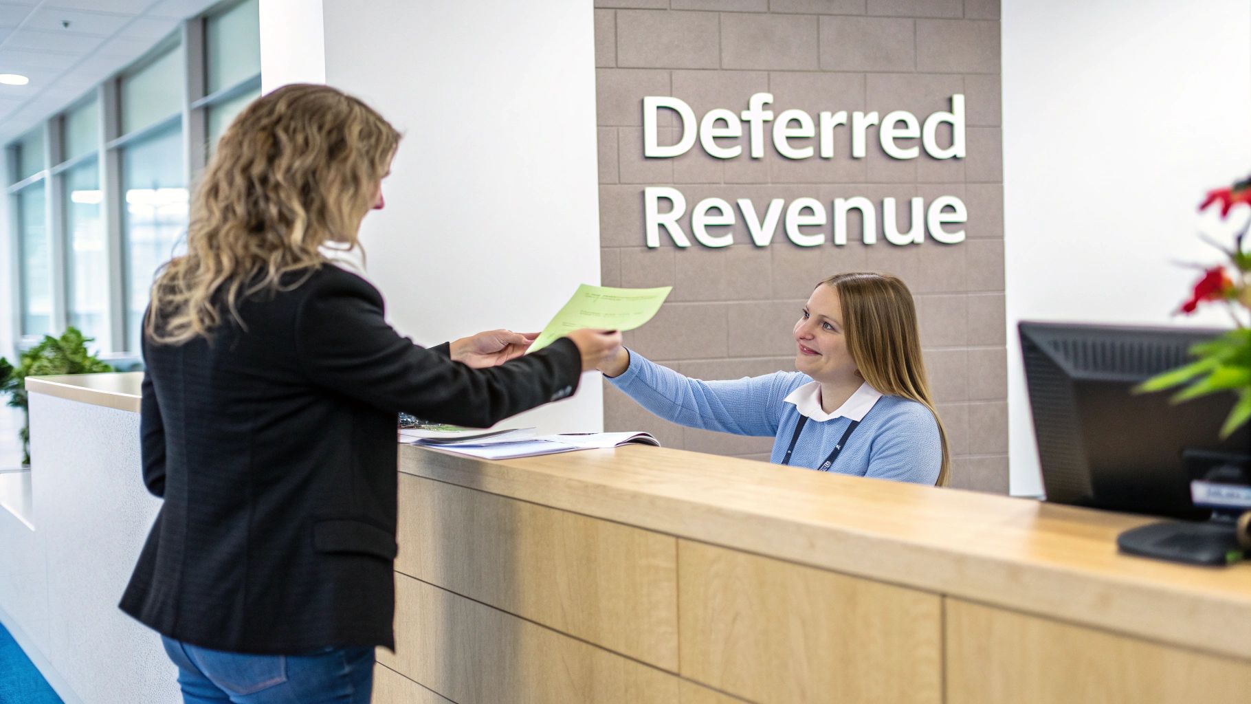 A woman hands a document to a smiling receptionist at a 'Deferred Revenue' desk.