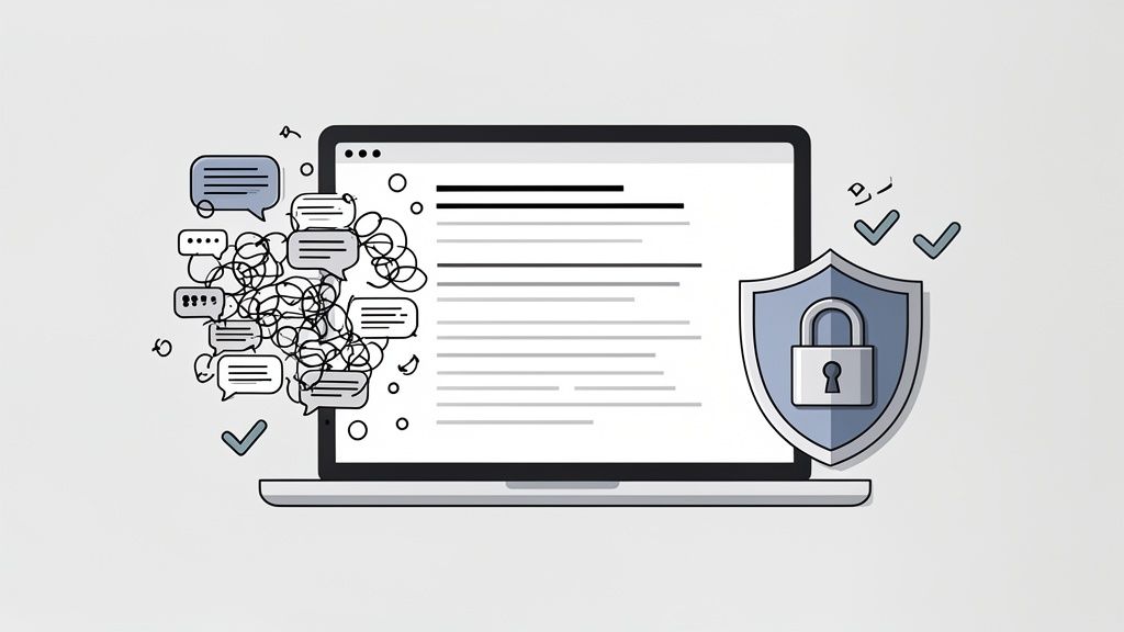 Finding the Best Speech to Text Software for Professionals 5 A laptop processing chaotic speech bubbles into organized text, protected by a security shield and padlock with success checkmarks.
