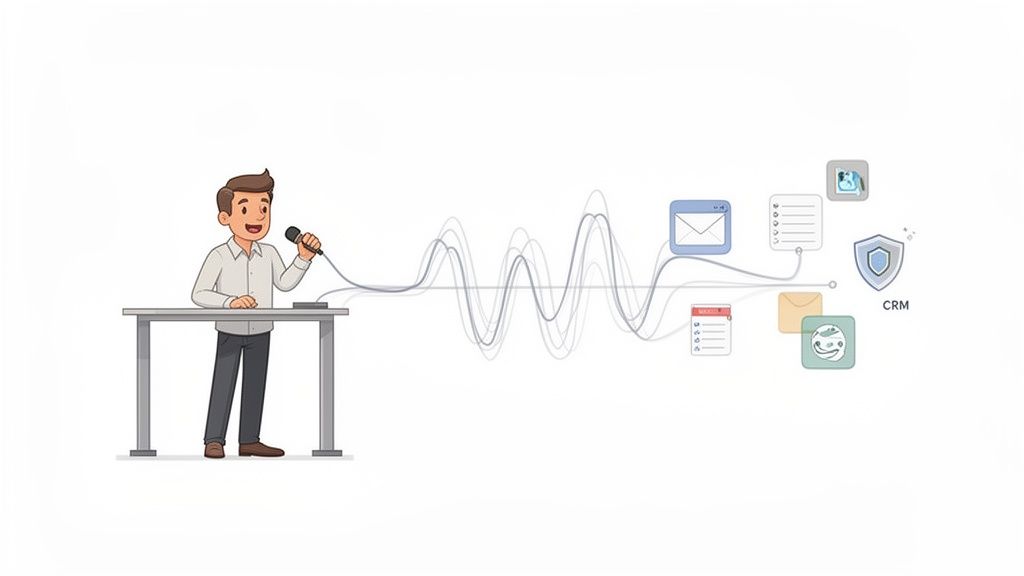 Finding the Best Speech to Text Software for Professionals 2 Cartoon man speaks into a microphone, his voice waves integrating with email, documents, and CRM software icons.