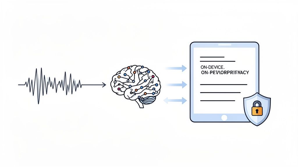 Audio waveform processed by a brain model, ensuring secure, on-device transcription privacy on a tablet.