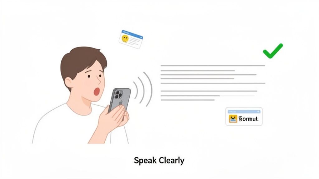 A person speaks clearly into an iPhone, demonstrating successful voice-to-text conversion with a green checkmark.