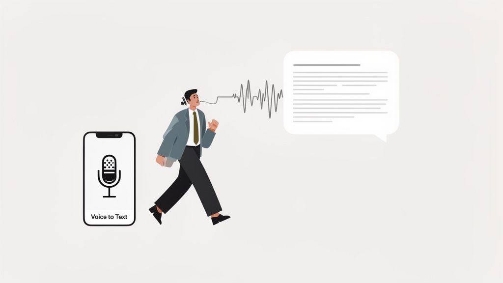 An illustration of a man speaking into a headset, converting his voice into text on a phone.