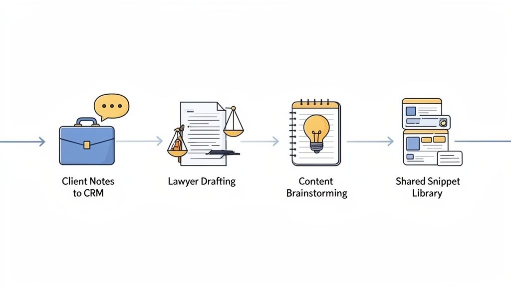 Finding the Best Speech to Text Software for Professionals 4 A workflow diagram illustrating steps: client notes to CRM, lawyer drafting, content brainstorming, and shared snippet library.