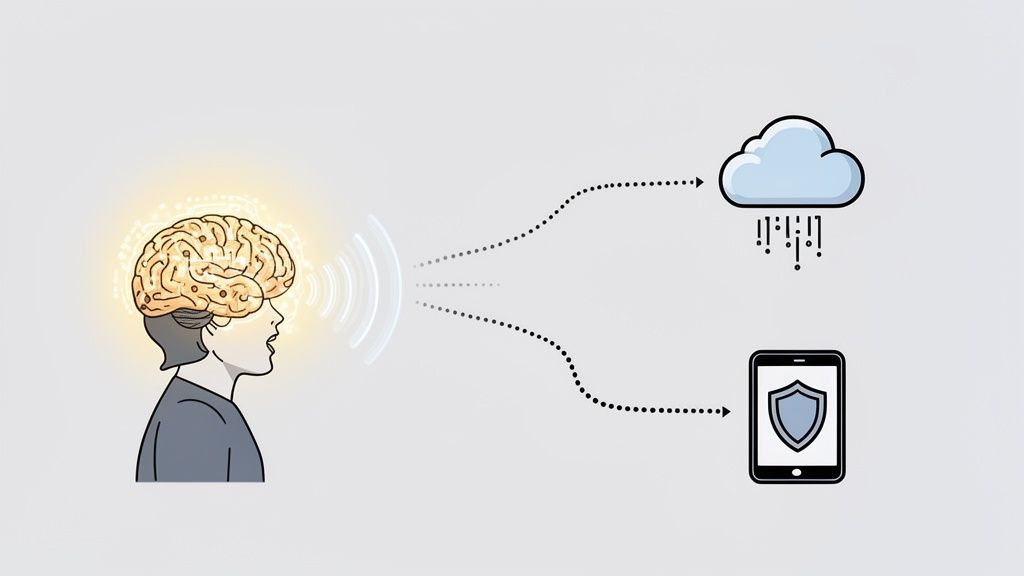 Finding the Best Speech to Text Software for Professionals 3 Illustration of a person speaking, converting thoughts to data, which flows to a cloud and a secure smartphone.