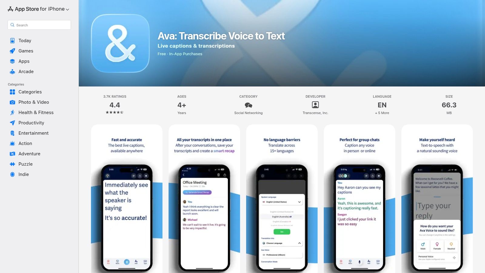 Ava: Transcribe Voice to Text (Apple App Store)