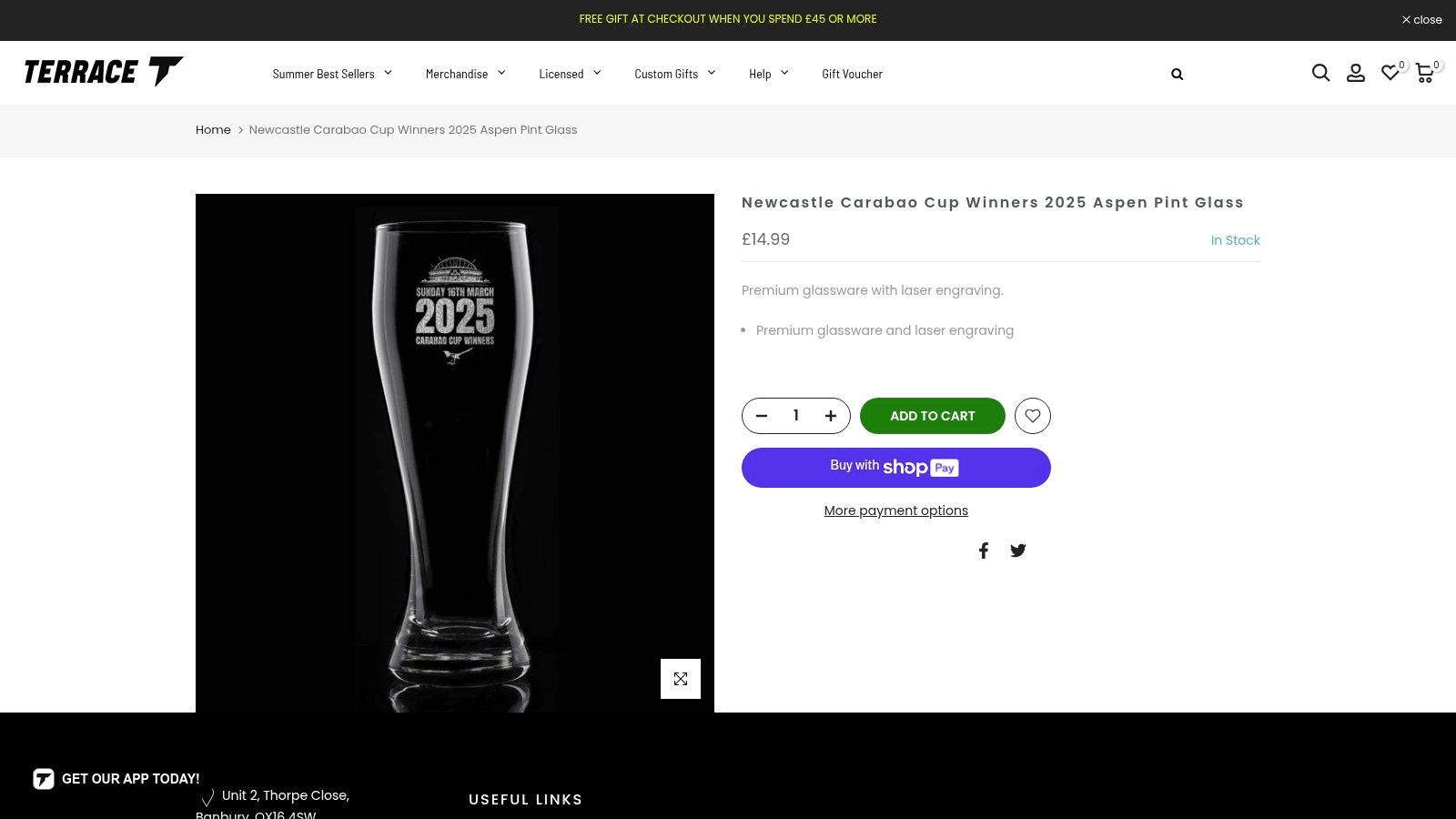 An Aspen-style pint glass laser-engraved with "Newcastle Carabao Cup Winners 2025" and the club's iconic imagery.