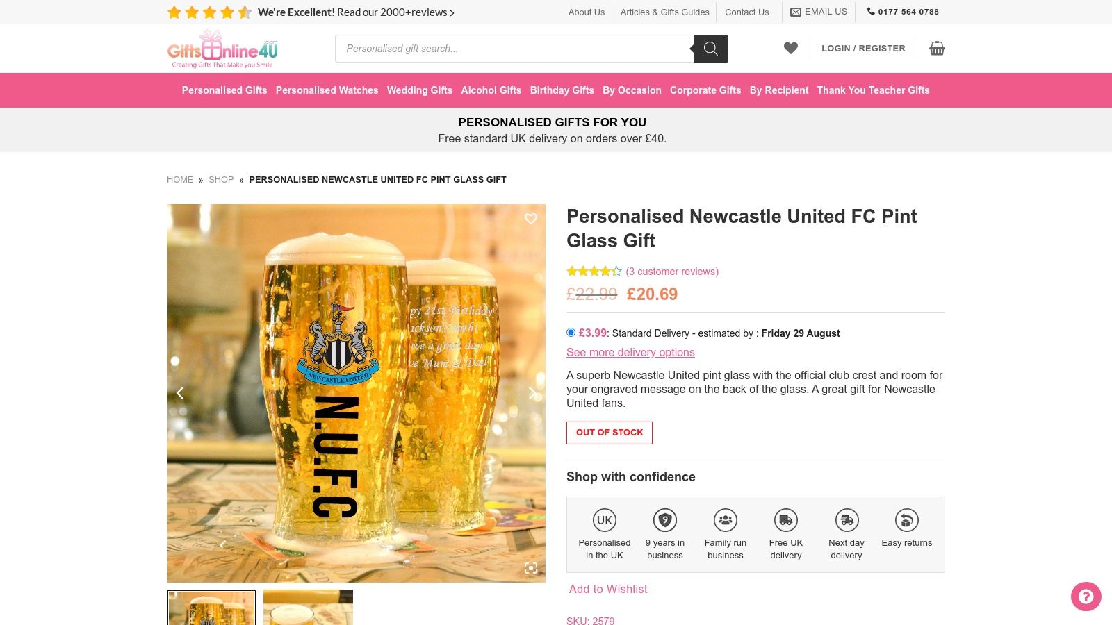 A person holding a Newcastle United pint glass with a custom engraved message on the back, shown against a blurred background.
