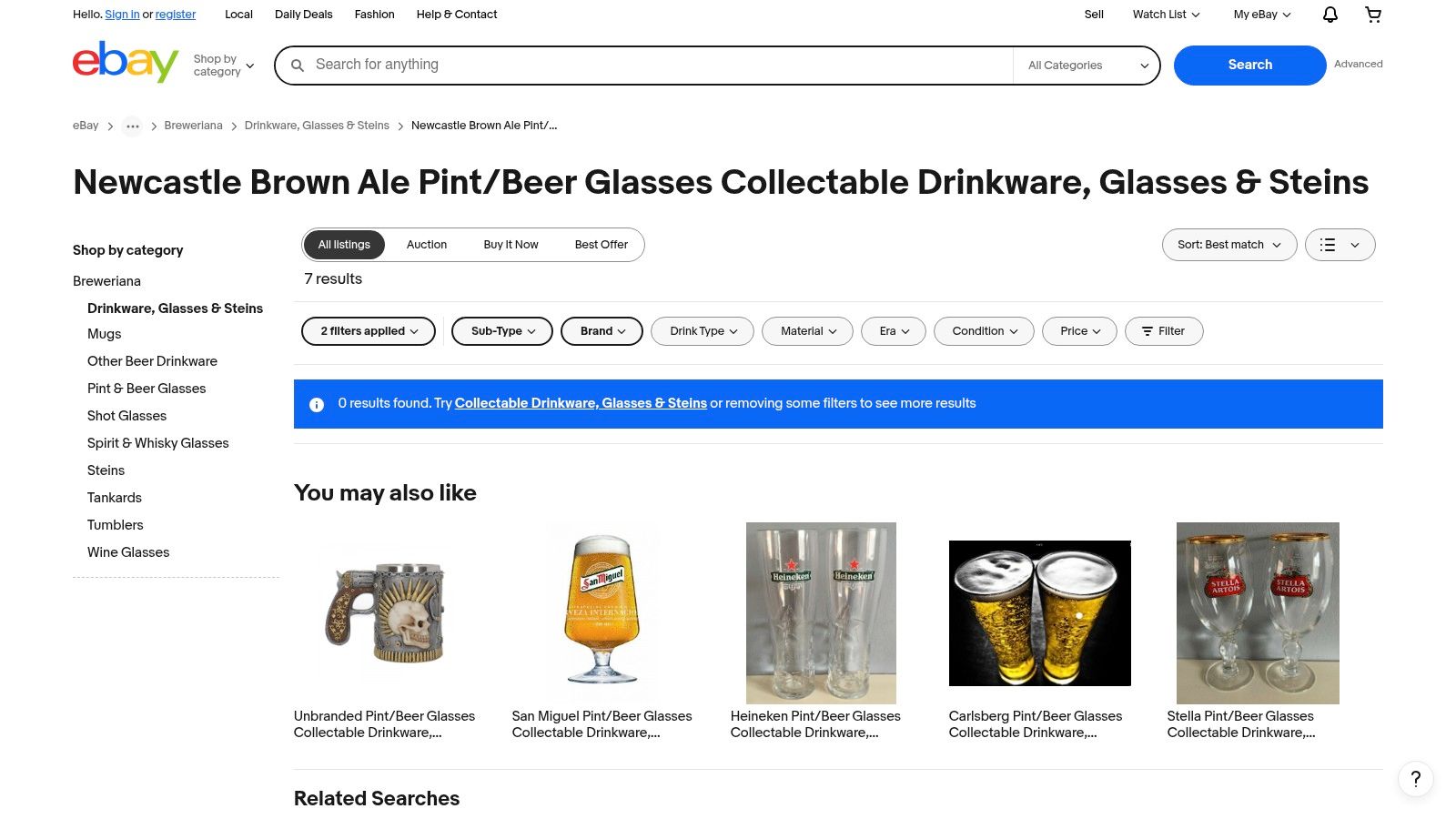 eBay UK showing a selection of Newcastle Brown Ale glassware.