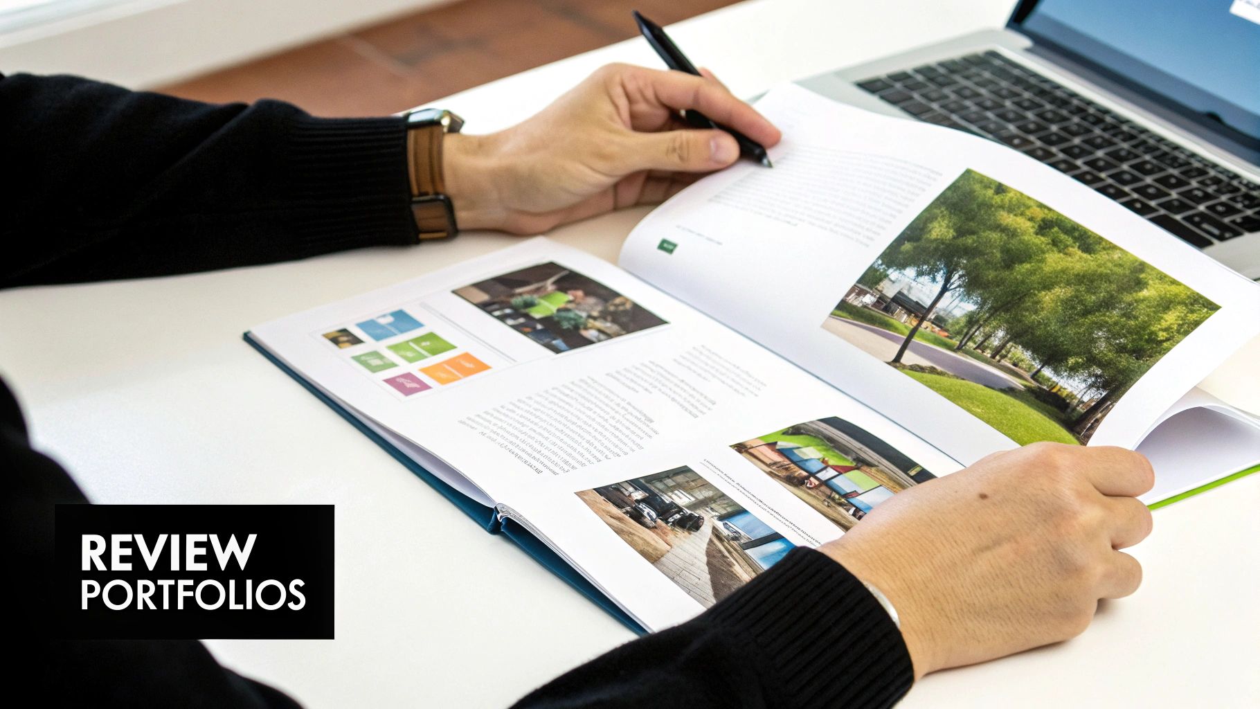 A person carefully reviewing a social media portfolio on a laptop screen