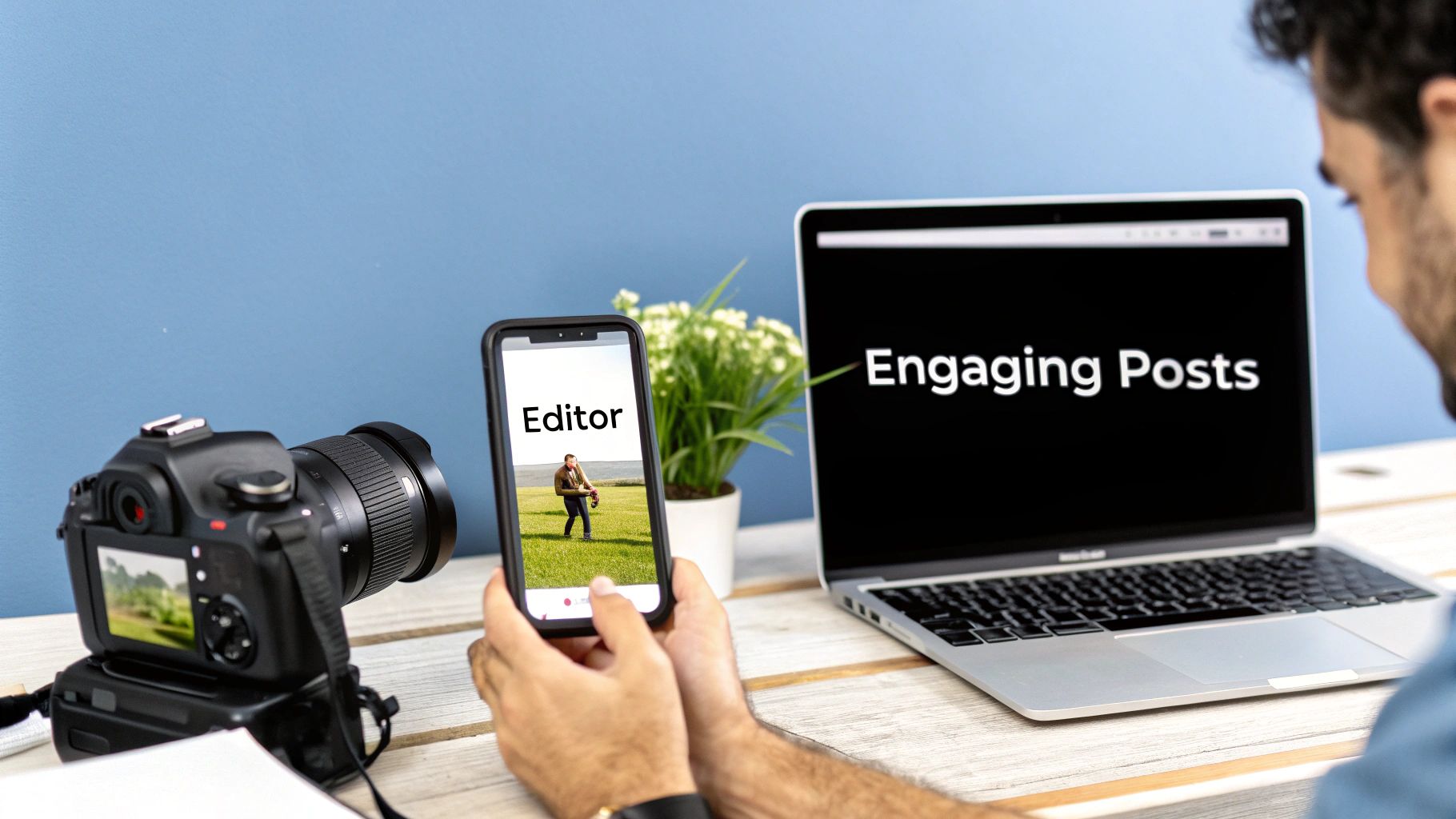 A person using a laptop and phone to create social media content, surrounded by icons