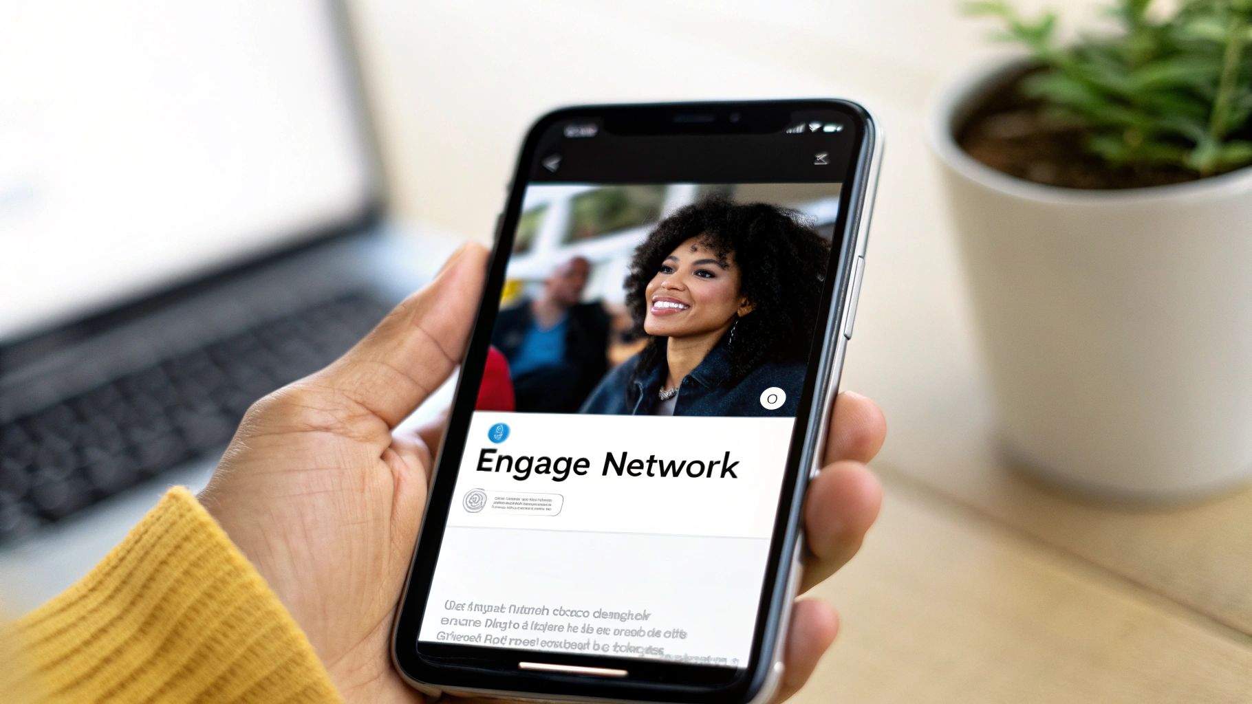 A hand holding a smartphone displaying 'Engage Network' with a smiling woman, laptop and plant.
