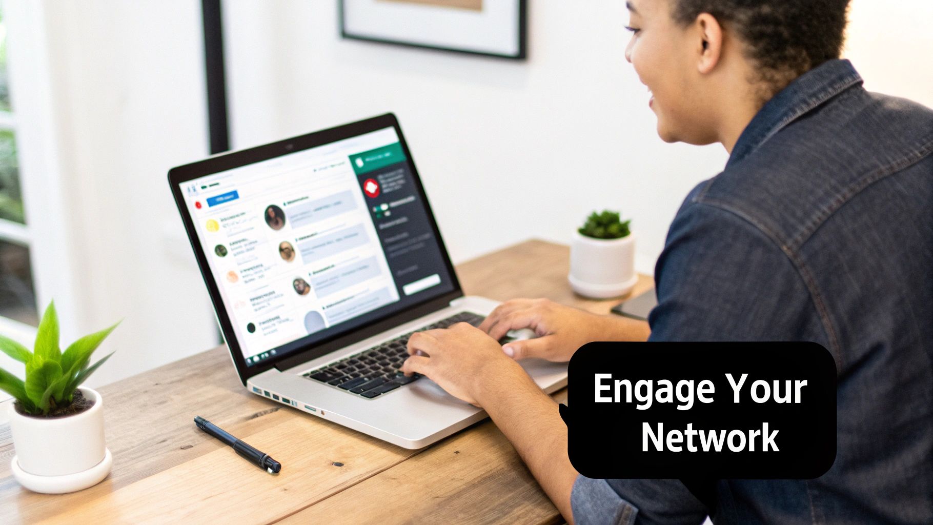 A smiling person types on a laptop, engaging with a professional networking site, with 'Engage Your Network' text overlay.