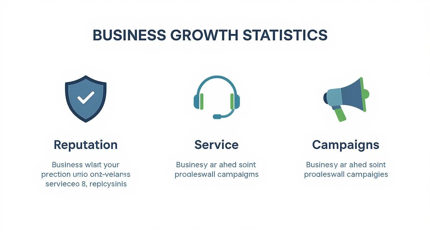 Infographic showing icons for Reputation, Service, and Campaigns, representing business growth from social media analysis