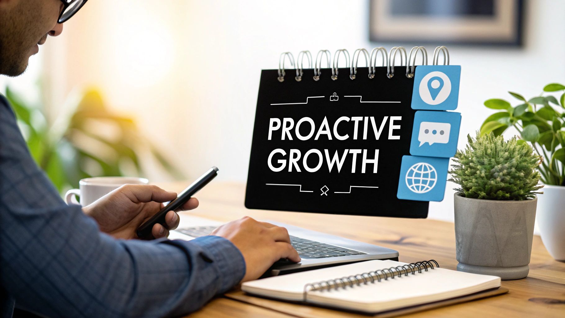 A social media manager strategically planning content on a digital calendar with various social media icons visible.