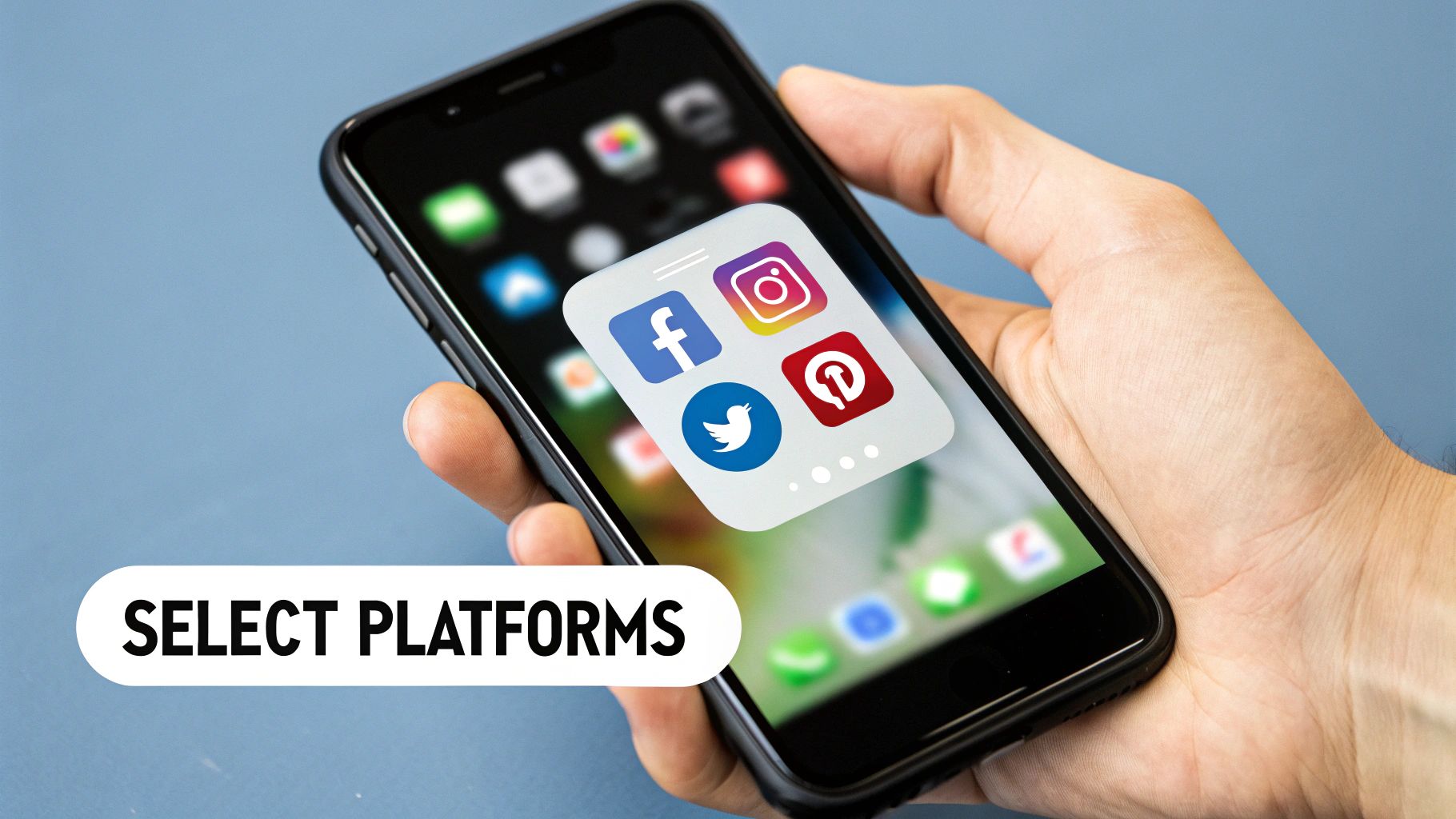 A person's hands holding a smartphone, with a colourful grid of social media app icons floating above it.