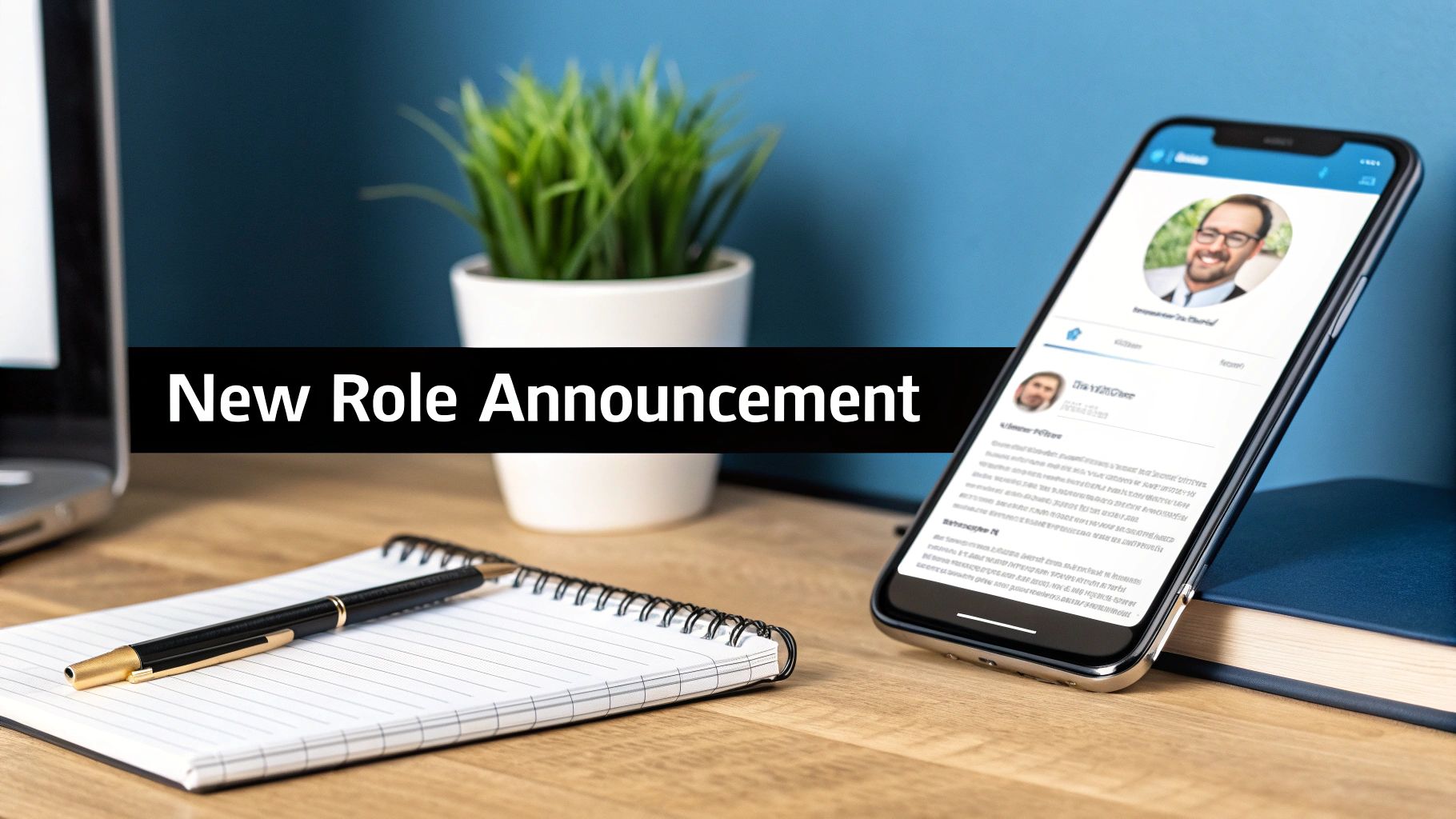 A desk with a laptop, plant, notebook, and a phone displaying a LinkedIn profile under a 'New Role Announcement' banner.